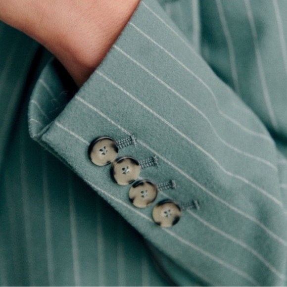 Sezane Christie Blazer Jacket Sage Green Ecru Pinstripe - Picture 3 of 12
